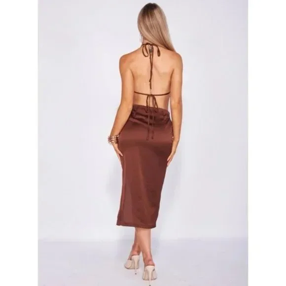 Brown Satin Halter Neck Backless Handkerchief Top and Midi Skirt Two Piece Set - Picture 6 of 13